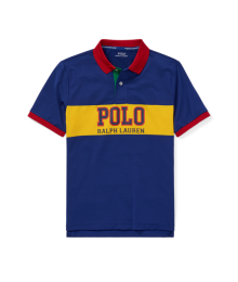 Polo Ralph Lauren Blue With Yellow Polo Chest Stripe And Red Collar Performance Polo Shirt 